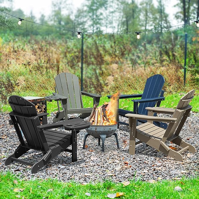 Adirondack Chair Set of 8, HDPE Folding Adirondack Chair with Multifunctional Cup Holder, Weather Resistant Fire Pit Chair for porches, patios, poolsides, Decks.
