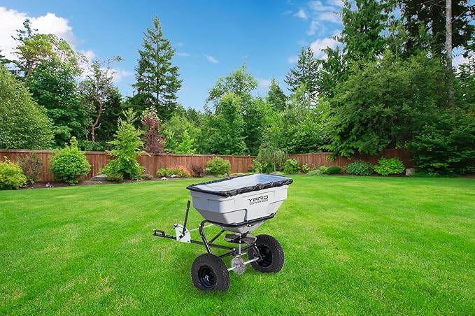 Yard Commander - 125 LB Tow Behind Lawn & Garden Broadcast Spreader - Seed, Fertilizer, Salt, Ice Melt - Premium Aluminum Cast Gears - Gate Lever for Easy Spread Control