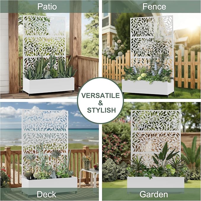Metal Raised Garden Bed with Trellis Privacy Screen, Large Planters Box with Wheels & Drainage Holes for Climbing Plants (47" L×16" W×71" H, White Leaf)