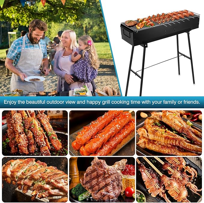 IRONWALLS Portable Charcoal Grill 32 Inch, Black Folding Stainless Steel Barbecue Grill for Outdoor Cooking, Large Lamb Skewer Grill for Patio, Party, Picnic, Travel, Camping, Home & Commercial Use