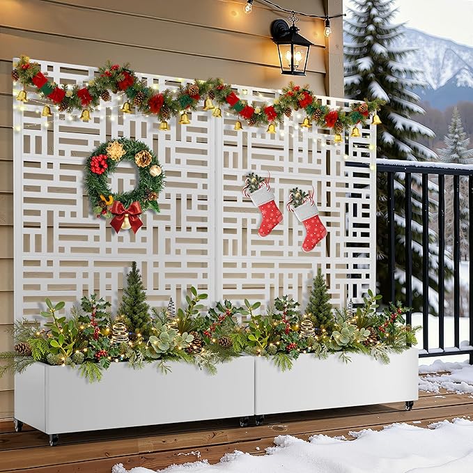 FENCY Metal Raised Garden Bed with Wheels and Trellis,73"x47"x16" Planter Box for Climbing Plants, Vegetables & Vines, Features Privacy Screen and Drainage Holes (White-Geometric Lattice)