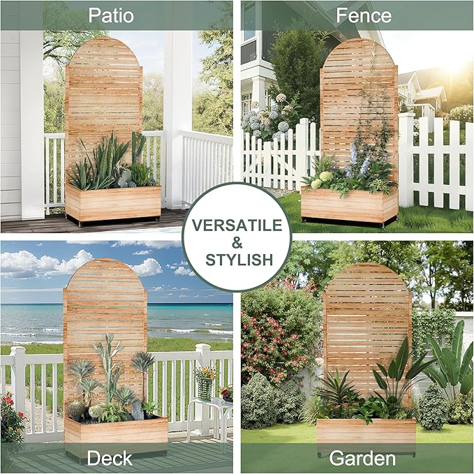 Metal Planter Box with Trellis for Climbing Plants, Privacy Planter with Trellis, Standing Planters Boxes with Privacy Screen, Drainage Holes (35" L, Arch White Wood Grain)