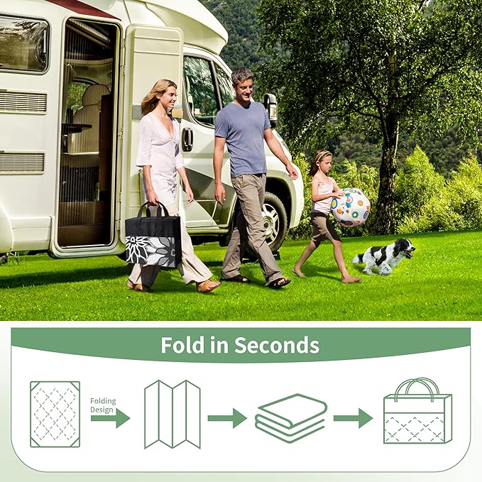 GENIMO Outdoor Rug Waterproof for Patio Decor, 8' x 10' Reversible Plastic Straw Floral Camping Carpet, Large Area Rugs Mats for RV, Camper, Deck, Balcony, Porch, Beach, Picnic, Black & White