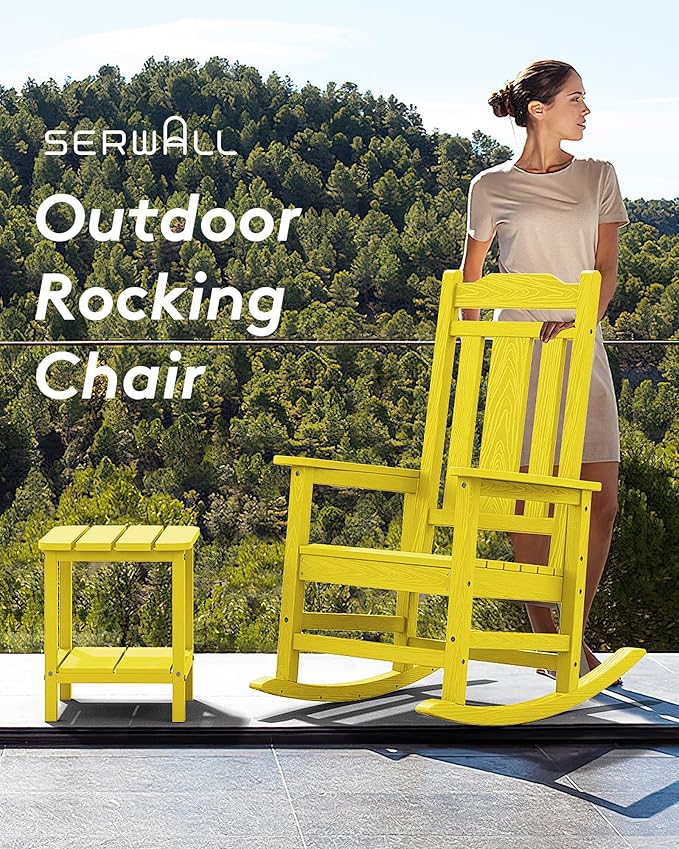 SERWALL Outdoor Rocking Chair, Patio Rocking Chairs for Porch, HDPE Rocking Chair Outdoor for Adults, Heavy Duty Front Porch Rocker, Yellow