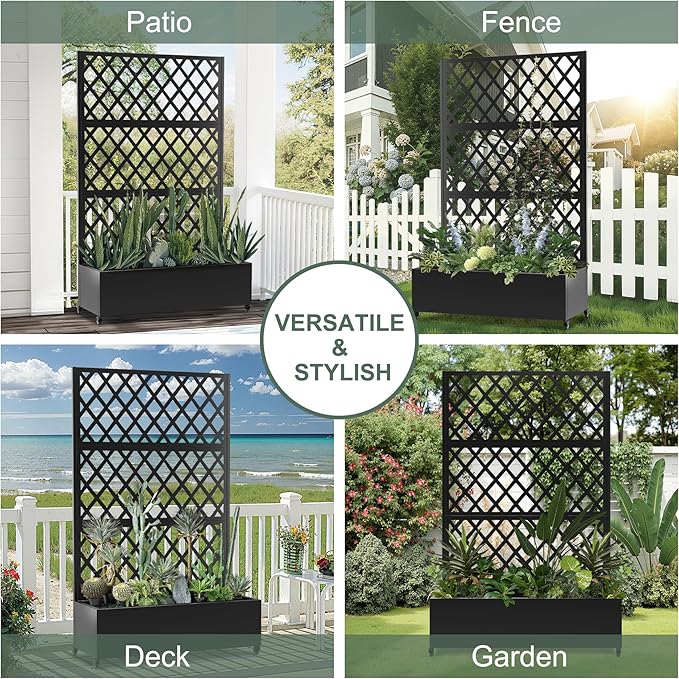 Metal Large Planter Box with Trellis for Climbing Plants Vegetables, Raised Garden Bed with Privacy Screen, 47"L×16"W×71"H Garden Boxes with Wheels & Drainage Hole (Black Diamond Lattice)