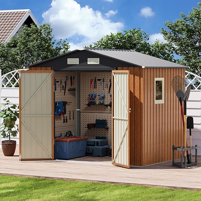 8x6 FT Outdoor Metal Shed, Storage Garden Shed with Lockable Doors and Window, Large Tool Shed for Backyard, Patio and Lawn