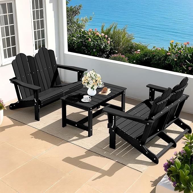 SERWALL Folding Adirondack Bench, HDPE All-Weather Adirondack Loveseat Set of 2, Black