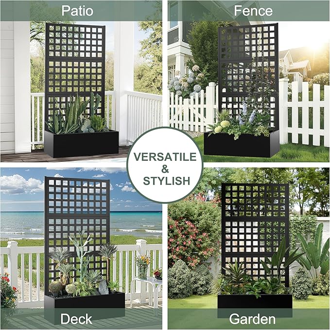 Metal Planter Box with Trellis, Raised Garden Bed for Climbing Plants,Privacy Screen with Garden Boxes,Drainage Hole for Vegetables, Flowers, Vines (35" L×16" W×71" H, Black)