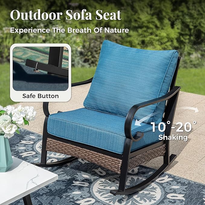 Outdoor Patio Rocking Sofa Chairs Set of 2 Steel Frame Porch Furniture with Deep Seating and 5.75" Cushions for Lawn Backyard Deck, Peacock Blue