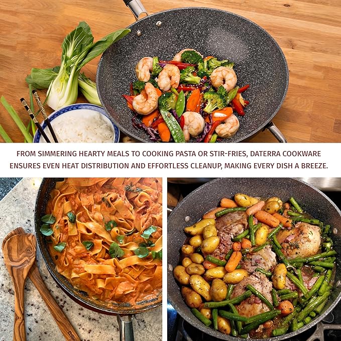 DaTerra Cucina Nonstick Family Bundle – 13" Frying Pan, 13" Wok with Lid, 8 Qt Dutch Oven with Lid – Oven Safe, Ceramic Nonstick, PTFE & PFOA Free – Made in Italy, Volcanic Black Speckled