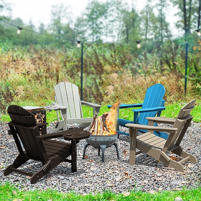 Adirondack Chair Set of 4, HDPE Folding Adirondack Chair with Multifunctional Cup Holder, Weather Resistant Fire Pit Chair for porches, patios, patios, poolsides, Decks.