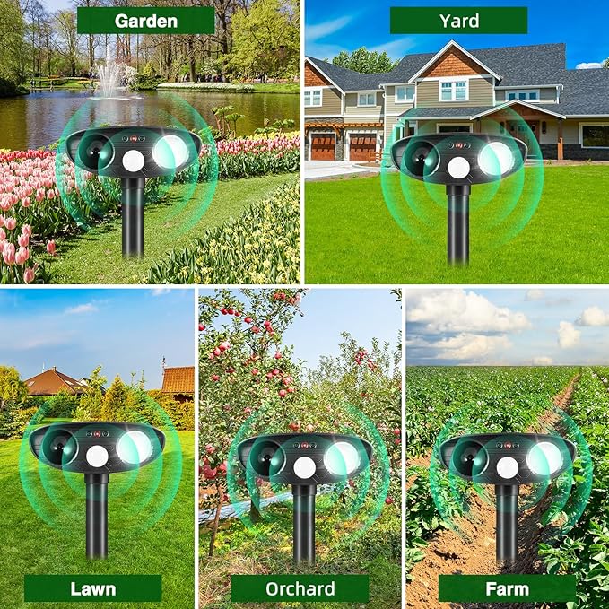 2025 Cat Repellent Device Ultrasonic Animal Repellent Outdoor Solar Animal Repeller with Motion Sensor&LED Strobe Light Deer Deterrent to Scare Dog Squirrel Raccoon Skunk Rabbit (2Pack)