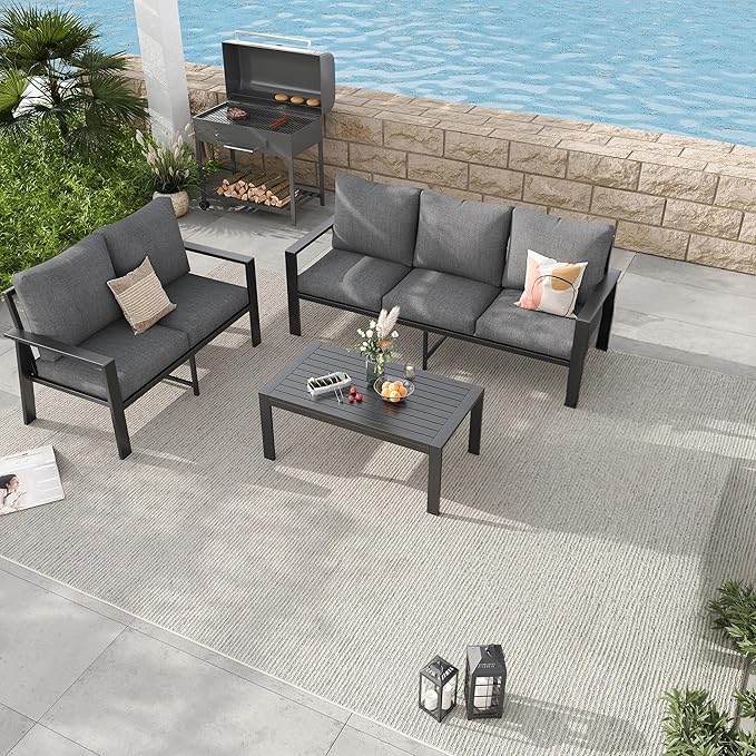 Aluminum Patio Conversation Set with Coffee Table 3PCS Deck Outdoor Furniture 5-Seat All-Weather Rust-Proof Sectional Sofa Set with Removable Cushion for Backyard, Poolside & Small Spaces