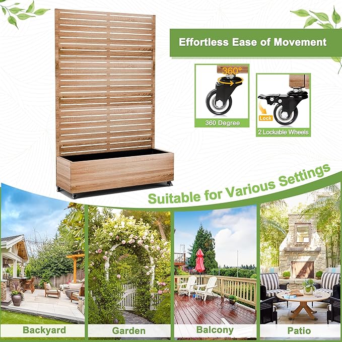 FENCY Metal Raised Garden Bed with Wheels and Trellis,73"x47"x16" Planter Box for Climbing Plants, Vegetables & Vines, Features Privacy Screen and Drainage Holes (Natural Wood Color)