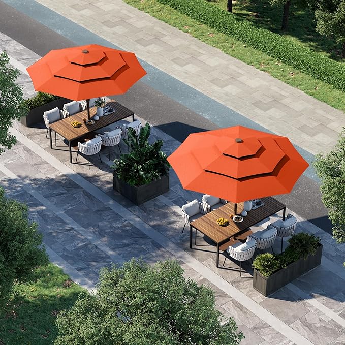 9FT 3 Tiers Patio Umbrella With Auto Tilt and Crank, Outdoor Table Market Umbrella with 8 Sturdy Ribs for Garden,Lawn,Deck,Backyard and Pool,Orange