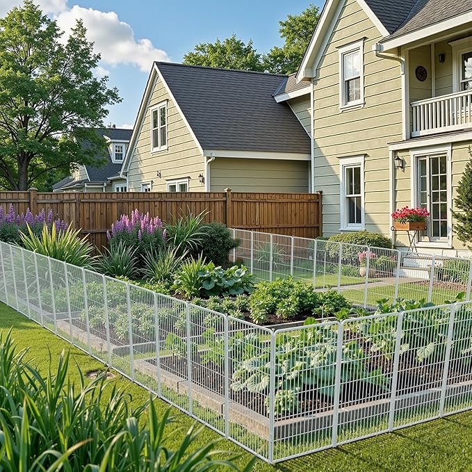 SunsGrove Garden Fence with Gate, 24 in(H) x 11.1 ft(L) 6 Panels Heavy Duty Metal Animal Barrier Fence for Yard, Suitable for Indoor or Outdoor Dog Pet Fence, Garden Fence Border, White