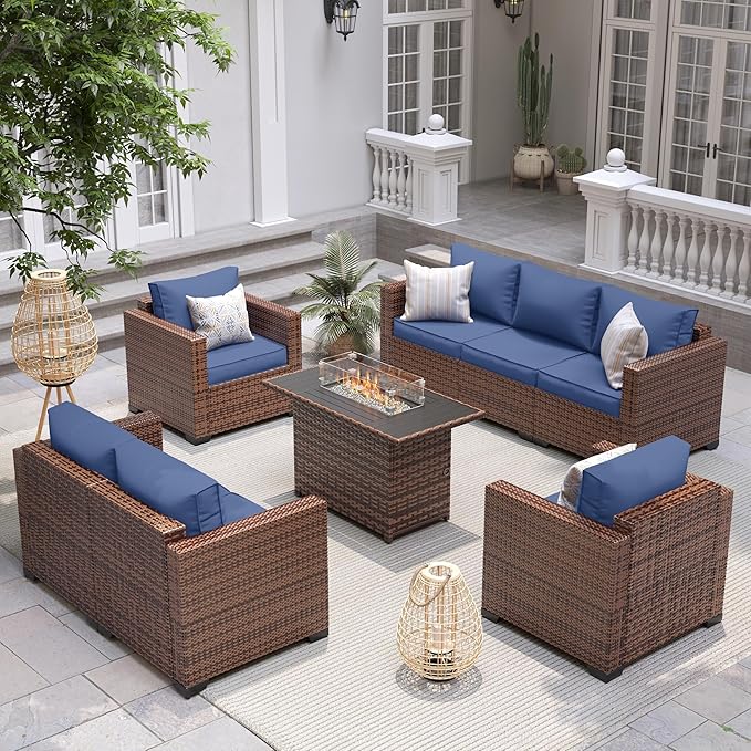 UDPATIO Patio Furniture Set with 44" Fire Pit Table, 5 Pieces Outdoor Furniture Sets, Wicker Rattan Patio Conversation Sets with Outdoor Sofa Waterproof Covers for Porch Deck Backyard, Blue