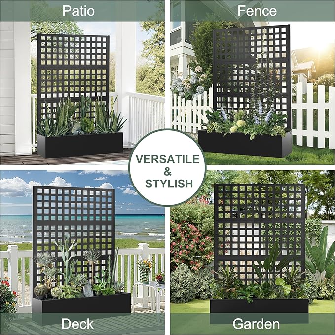 Metal Raised Garden Beds Outdoor with Trellis & Privacy Screen for Outdoor Plants, Planter Box for Climbling Plants, Flowers, Vine, Large Garden Boxes with Drainage Holes (47"L×16"W×71"H, Black)