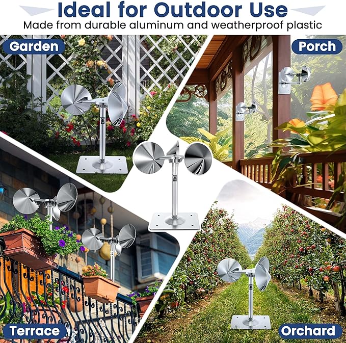 2 Pack Reflective Spinning Bird Deterrent, Wind Powered Aluminum Bird Repeller Scarer Deterrent Devices Outdoor, Repels All Birds Pigeons Sparrows Woodpeckers for Garden Railing Roof Adjustable Neck