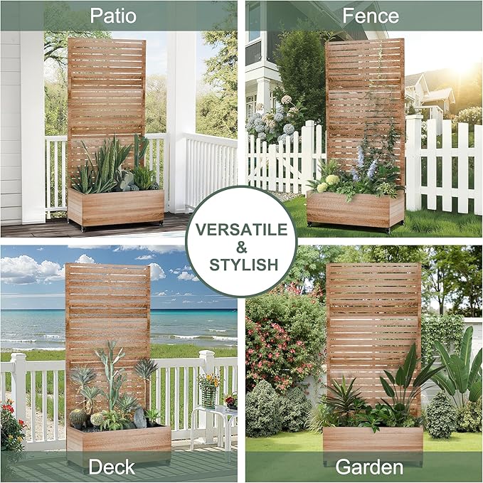 Metal Planter Box with Trellis Privacy Screen, Outdoor Raised Garden Beds with Wheels & Drainage Holes (35" L, Brown Oak Grain)