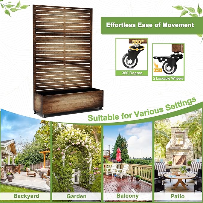 FENCY Metal Raised Garden Bed with Wheels and Trellis,73"x47"x16" Planter Box for Climbing Plants, Vegetables & Vines, Features Privacy Screen and Drainage Holes (Vintage Wood Color)
