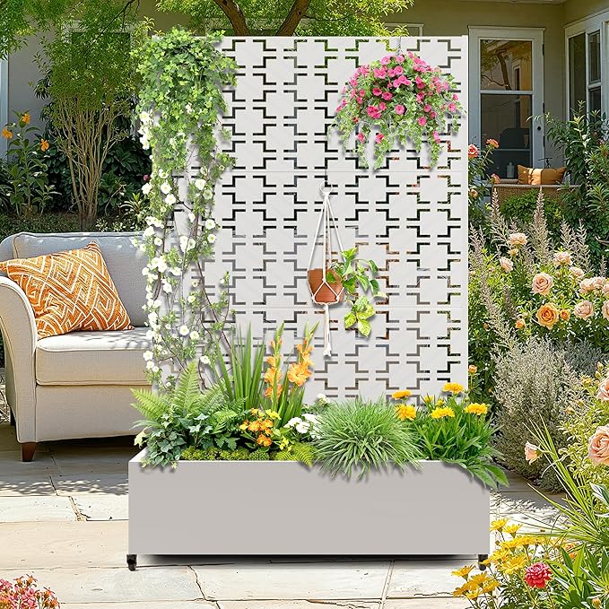 Metal Raised Garden Bed with Trellis, 2-in-1 Planter Box & Privacy Screen for Climbing Plants, Outdoor Standing Flower Bed with Drainage Holes, 47.2" L x 16.7" W x 70.8" H, White-Square