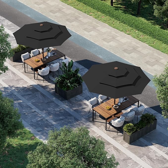 9FT 3 Tiers Patio Umbrella With Auto Tilt and Crank, Outdoor Table Market Umbrella with 8 Sturdy Ribs for Garden,Lawn,Deck,Backyard and Pool,Black