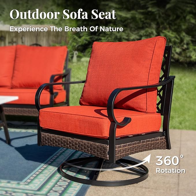 Outdoor Patio Swivel Sofa Chairs Set of 2 Steel Frame Porch Furniture with Deep Seating and 5.75" Cushions for Lawn Backyard Deck, Red