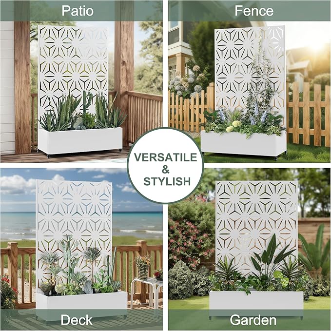 Metal Planters Box with Trellis & Privacy Screen for Patio, Large Raised Garden Beds with Drainage Holes & Wheels, 47" L×16" W×71" H Standing Flower Beds with Trellis (White Star)