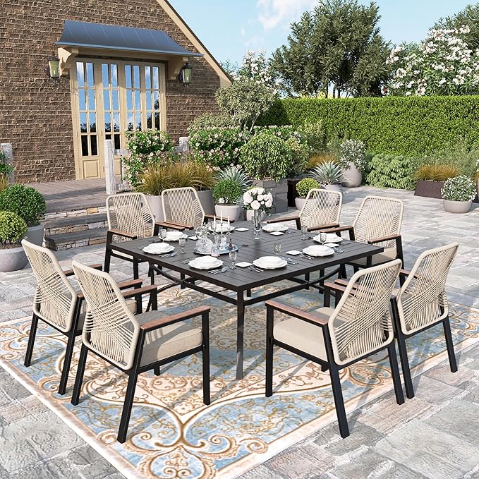 HERA'S HOUSE Patio Chairs Set of 6, 36.6" Rattan Dining Chairs with Heavy-Duty Wrought Iron Metal Frame Support 300lbs, All-Weather Dining Chair for Garden Lawn Backyard Kitchen Deck