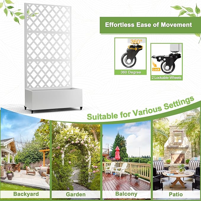 FENCY Metal Planter Box with Diamond Lattice Trellis Planter Box for Climbing Plants/Vines, Galvanized Raised Garden Bed On Wheels, Garden Bed with Trellis(73"x35" White)