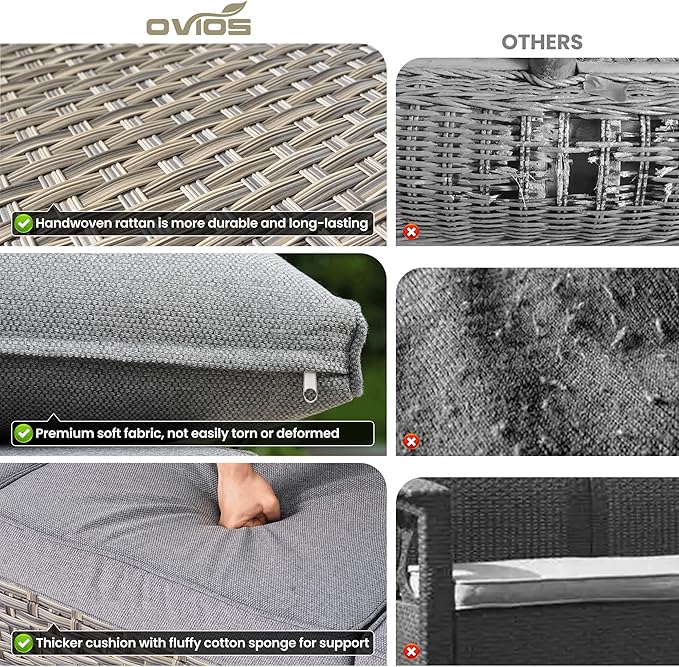 ovios 9 Pieces Patio Furniture Set Outdoor Sectional Sofa Couch with Fire Pit Table Rocking Swivel Chairs Deep Seat Chaise, Modern Modular Wicker Rattan Conversation Set, Dark Grey