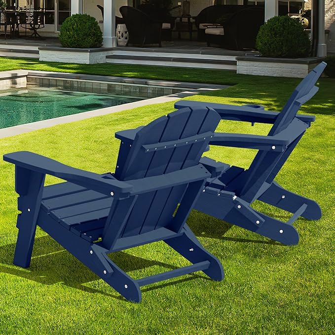 LOUNZY Folding Adirondack Chair, HDPE All-Weather Folding Patio Chair Chair with Cup Holders, Outdoor Patio Adirondack Chair for Deck Lawn Fire Pit, Navy
