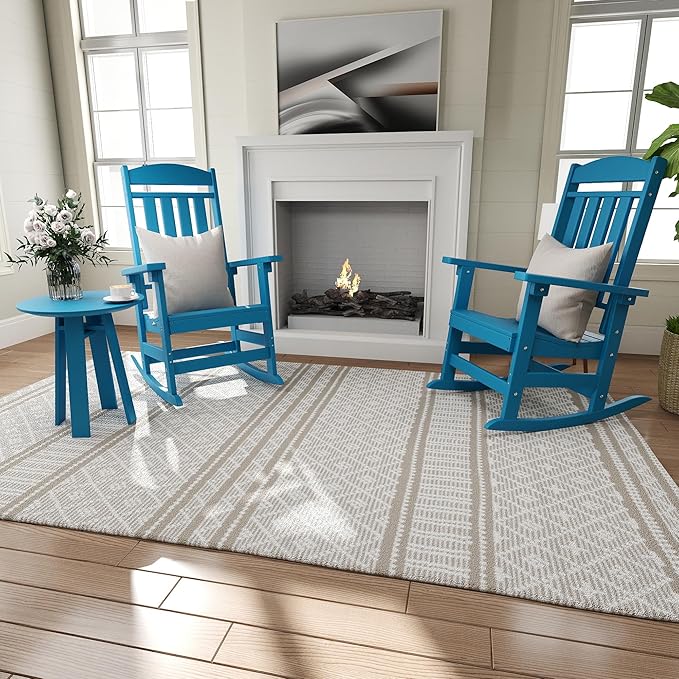 Outdoor Rocking Chairs Set of 6, Oversized High Back Patio Rocking Chairs, All Weather Porch Rocking Chairs for Outside. Pacific Blue