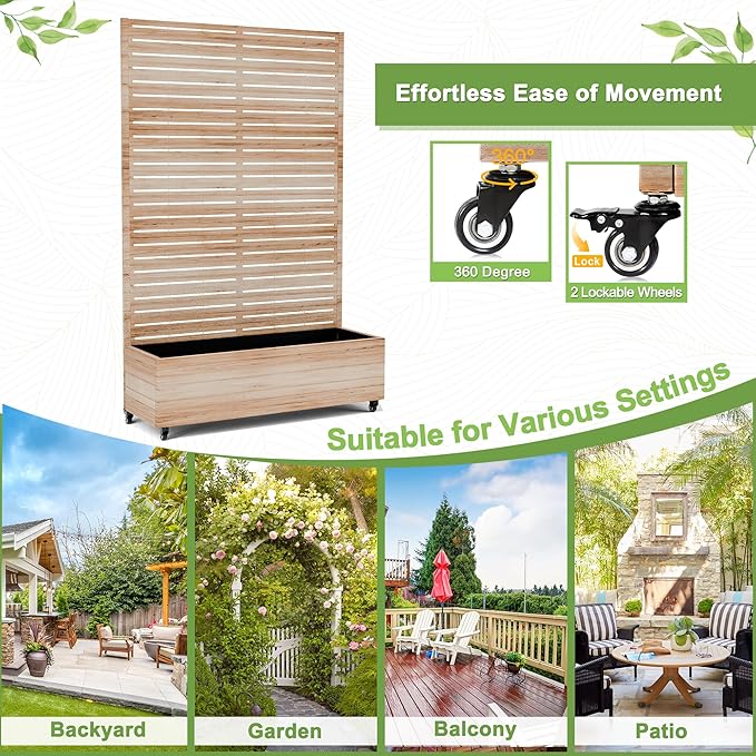 FENCY Metal Raised Garden Bed with Wheels and Trellis,73"x47"x16" Planter Box for Climbing Plants, Vegetables & Vines, Features Privacy Screen and Drainage Holes (Acacia Wood Finish)