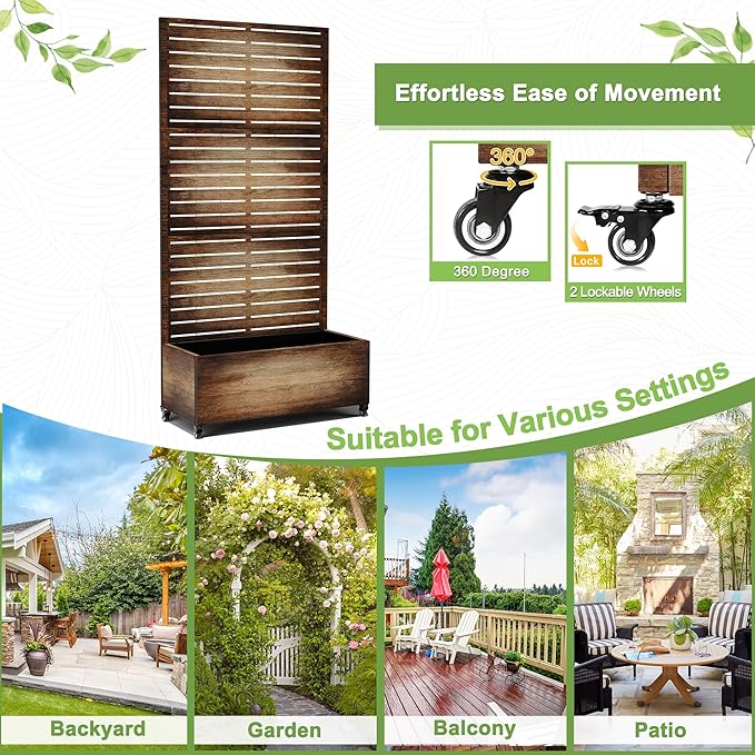 FENCY Metal Raised Garden Bed with Wheels and Trellis,73"x35"x16" Planter Box for Climbing Plants, Vegetables & Vines, Features Privacy Screen and Drainage Holes (Vintage Wood Color)