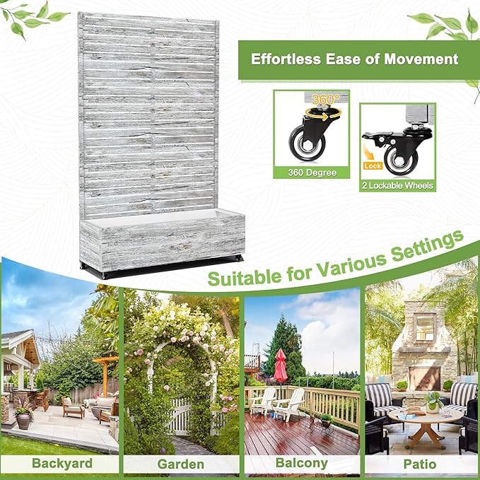 FENCY Metal Raised Garden Bed with Wheels and Trellis,73"x47"x16" Planter Box for Climbing Plants, Vegetables & Vines, Features Privacy Screen and Drainage Holes (White Wood Color)