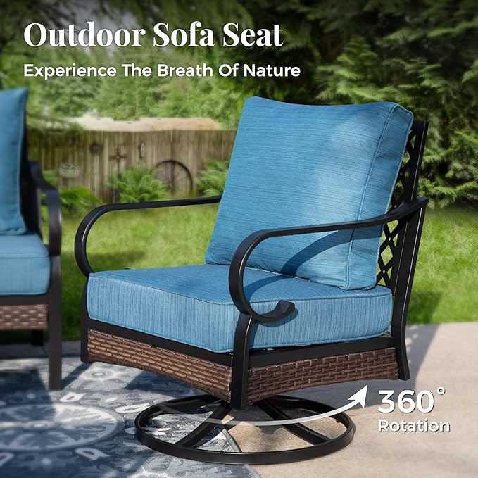 Outdoor Patio Swivel Sofa Chairs Set of 2 Steel Frame Porch Furniture with Deep Seating and 5.75" Cushions for Lawn Backyard Deck, Peacock Blue