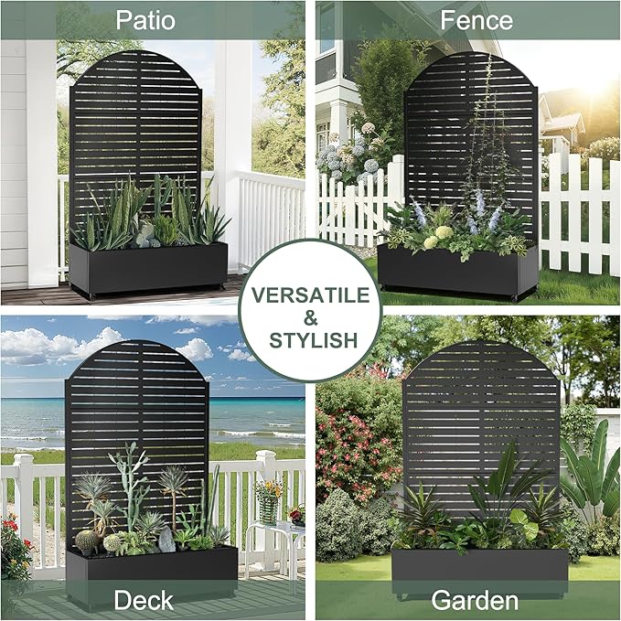 Metal Planter Box with Trellis for Climbing Plants Vegetables, Raised Garden Beds with Privacy Screen & Wheels, Standing Flower Box with Drainage Holes (47" L, Black Arch)