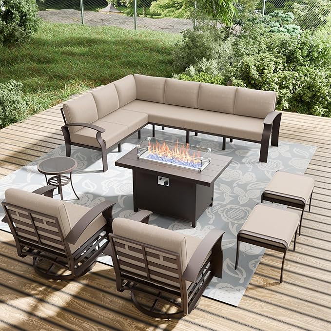 10-seat Aluminum Patio Furniture Set with Fire Pit Table, L-Shaped Sectional Sofa with 5.1" Cushions, High Backrest & 2 Footstools, Durable Outdoor patio Furniture Set, Backyard, Poolside - Sand