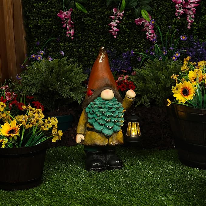 Alpine Corporation MCC856SLR Solar Vintage Gnome Holding Lamp w/Orange Hat, Whimsical Décor for Patio, Lawn & Garden, 20" H