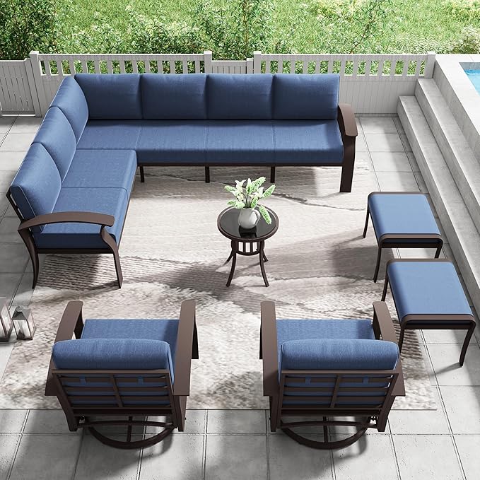 10-seat Aluminum Patio Furniture Set, L-Shaped Sectional Sofa with 5.1" Cushions, High Backrest & 2 Footstools, Durable Outdoor Patio Furniture Set, Backyard, Poolside - Blue