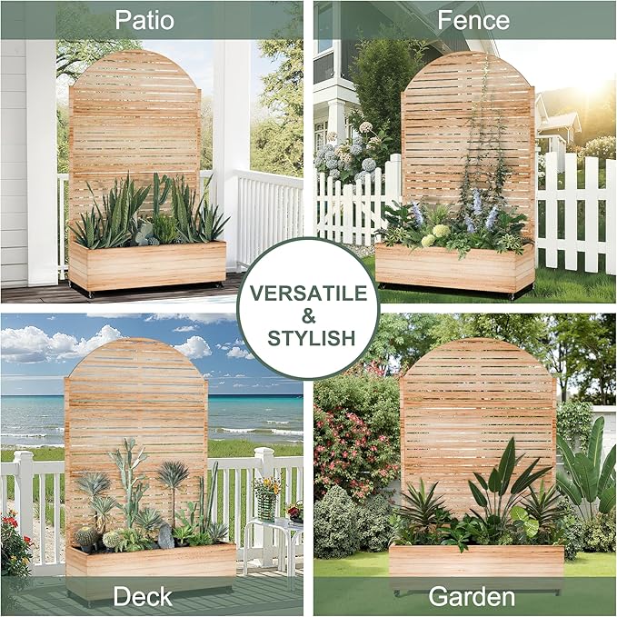 Metal Planter Box with Trellis for Climbing Plants, Privacy Planter with Trellis, Standing Planters Boxes with Privacy Screen, Drainage Holes (47" L, Arch White Wood Grain)