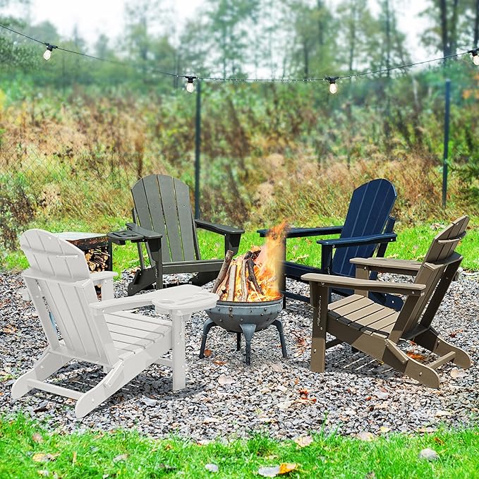 Adirondack Chair Set of 8, HDPE Folding Adirondack Chair with Multifunctional Cup Holder, Weather Resistant Fire Pit Chair for porches, patios, poolsides, Decks.