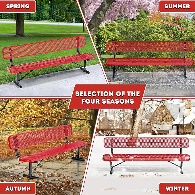 Heavy Duty Park Bench for Outside, Metal Park Bench with Back Portable Frame, Outdoor Steel Mesh Garden Bench with Backrest for Garden, Lawn, Patio, Porch, Park, Yard (Red, 6FT/73INCH)