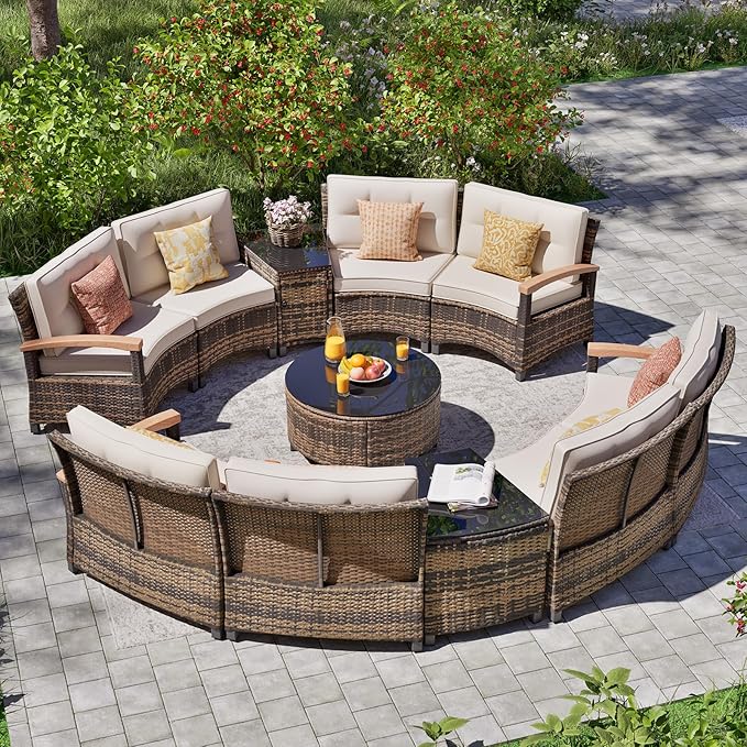 MEISSALIVVE 11 Piece Outdoor Patio Furniture Set, Half-Moon Curved Sectional Sofa Rattan Conversation Set with Wood Armrests, Coffee Table & 2 Side Table(Brown)