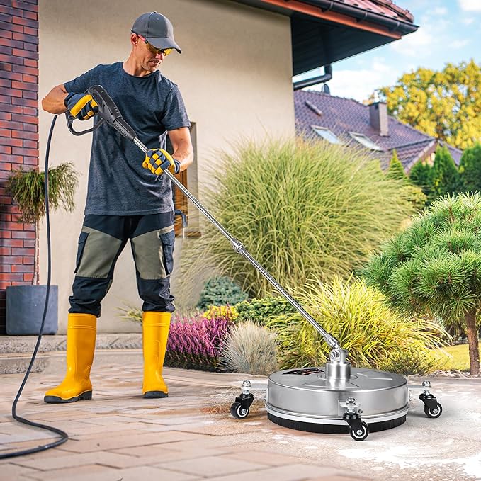 14" Pressure Washer Surface Cleaner with Wheels, 4000PSI Stainless Steel Surface Cleaner with 1/4" Quick Plug and 2 Extension Wands, for Patio Sidewalks, Deck, Porch Cleaning