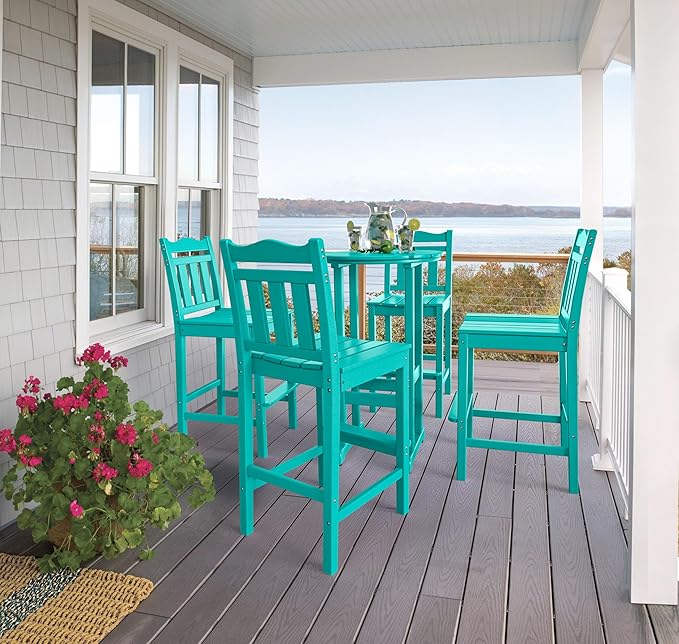 Nalone Outdoor Adirondack Chairs and Table Set - HDPE 3 Piece Garden Set with Bar Stools (Aruba)