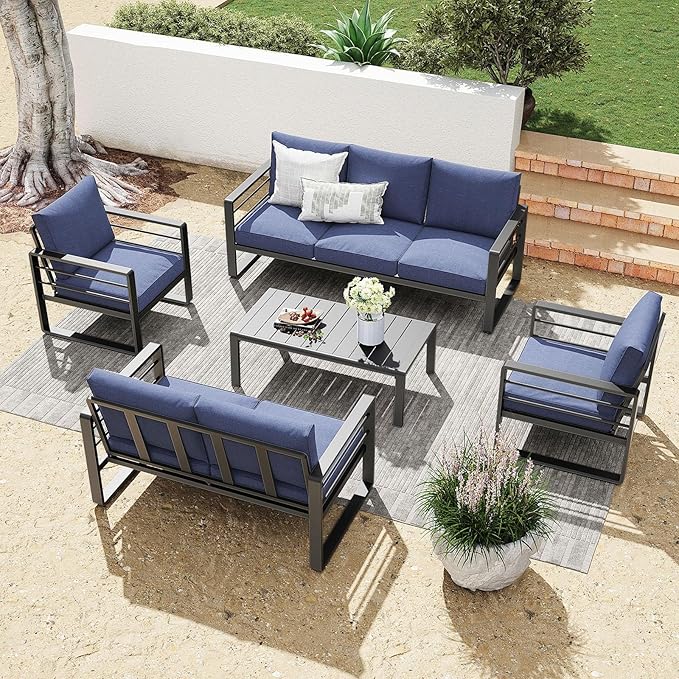 Patiorama Aluminum Patio Furniture Set, Outdoor Patio 3-Seater Sofa, 3 Seats Couch, All Weather Dark Grey Metal Chair with Olefin Cushion, Deep Seating, 800 lbs Capacity, Deck, Garden-Blue Cushion