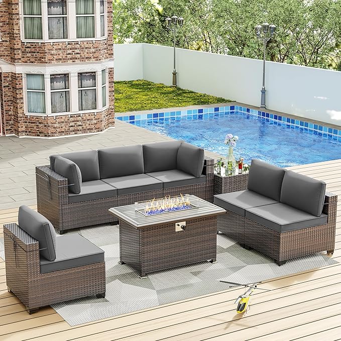 ALAULM Patio Furniture Set with Fire Pit Table 55000 BTU, Outdoor Sectional with Wide Seat and Thick Cushion, 8 Piece Wicker Rattan Conversation Set with Coffee Table for Garden, Deck, Grey